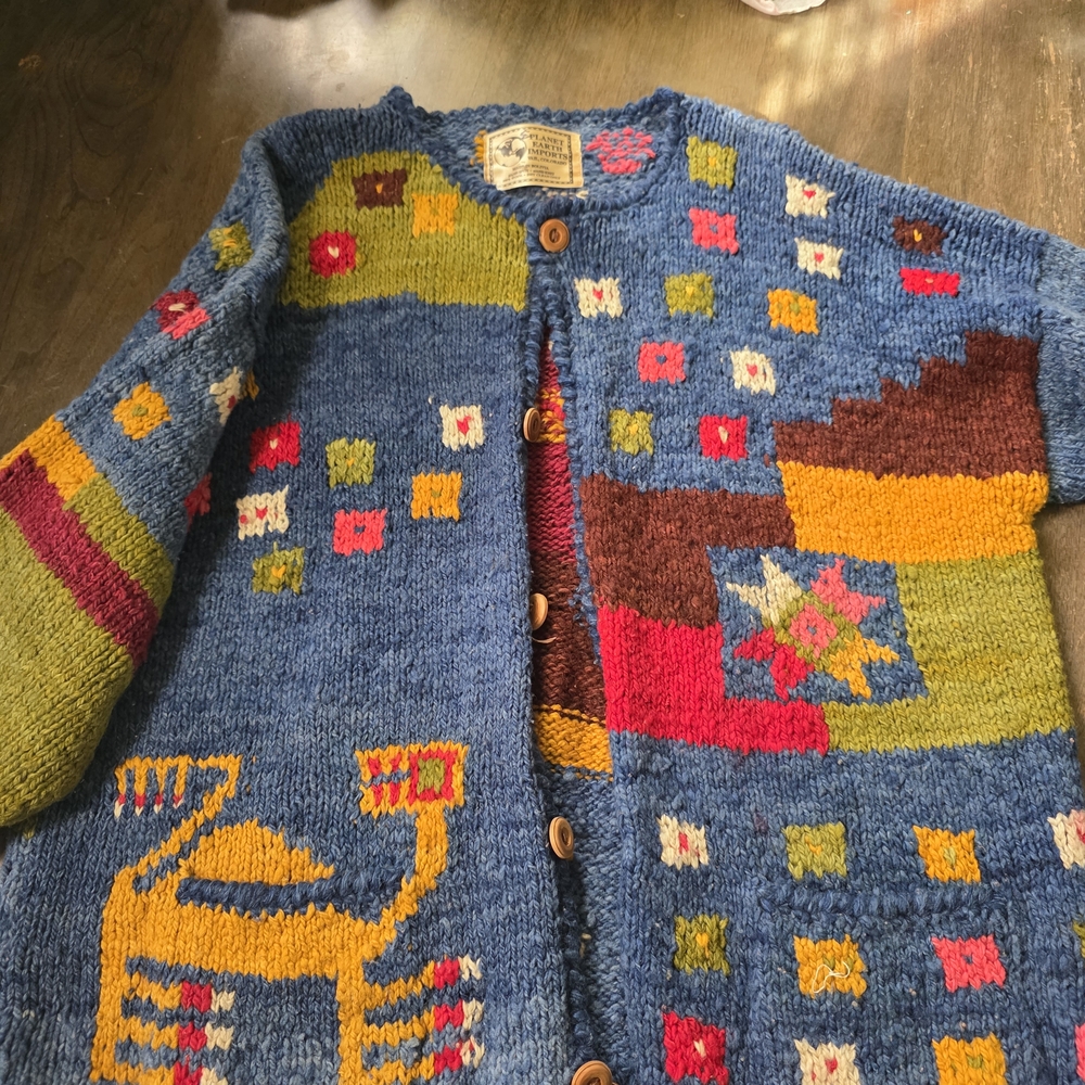 Handmade Blue Patterned Wool Cardigan Jacket - Picture 2 of 6